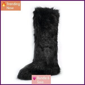 Women's Knee High Faux Fur Boots Winter Flat Snow Boots Warm Fuzzy